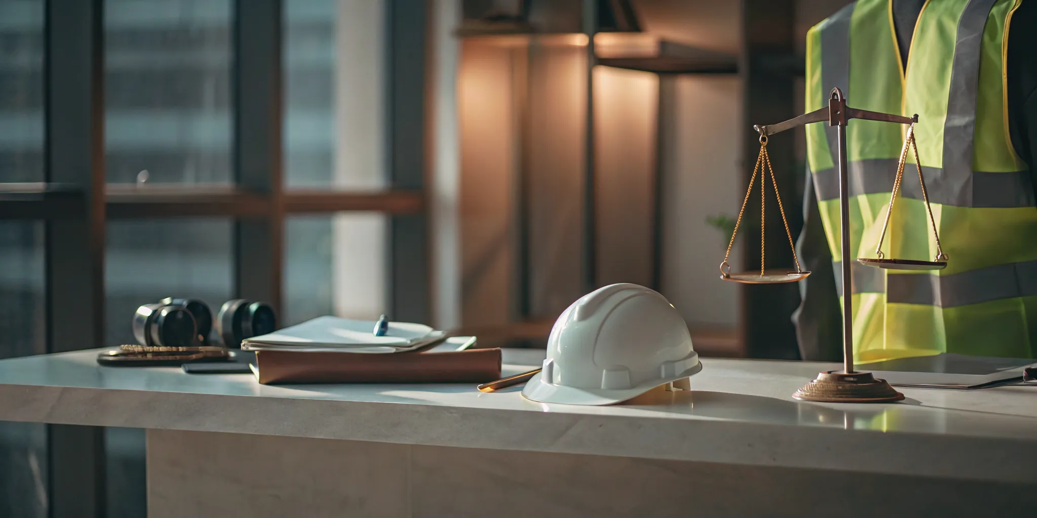 Hard hat, justice scales, and legal documents at the best WSIB law firm in Ontario.