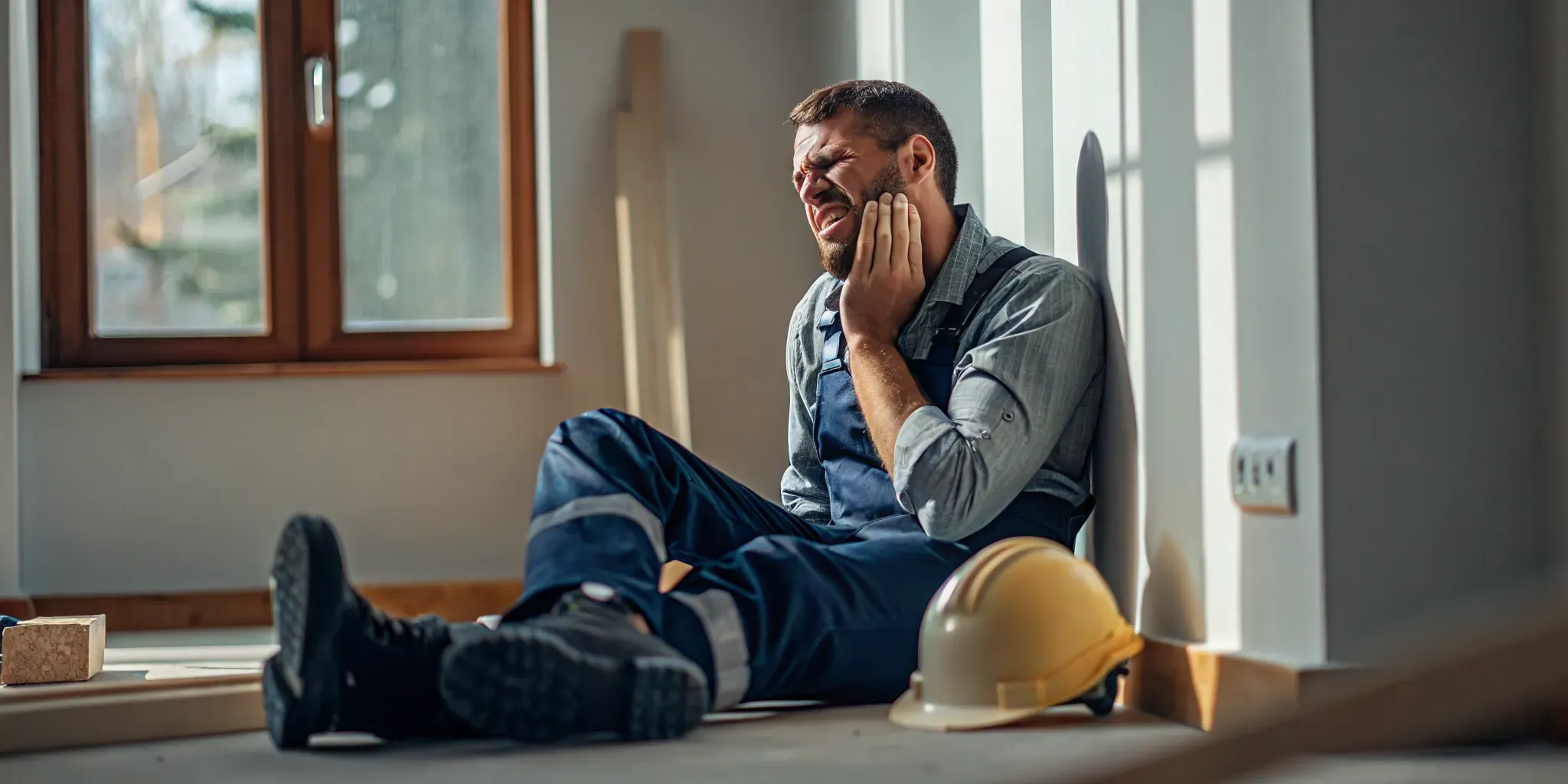 Ontario worker in a workplace setting showing dental pain after a workplace accident