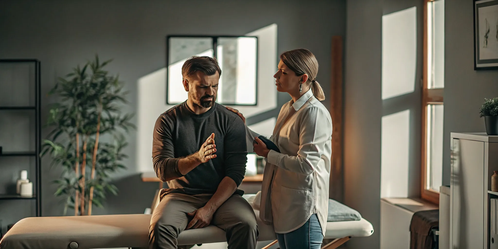 Ontario worker meeting with a physiotherapist in a modern clinic setting