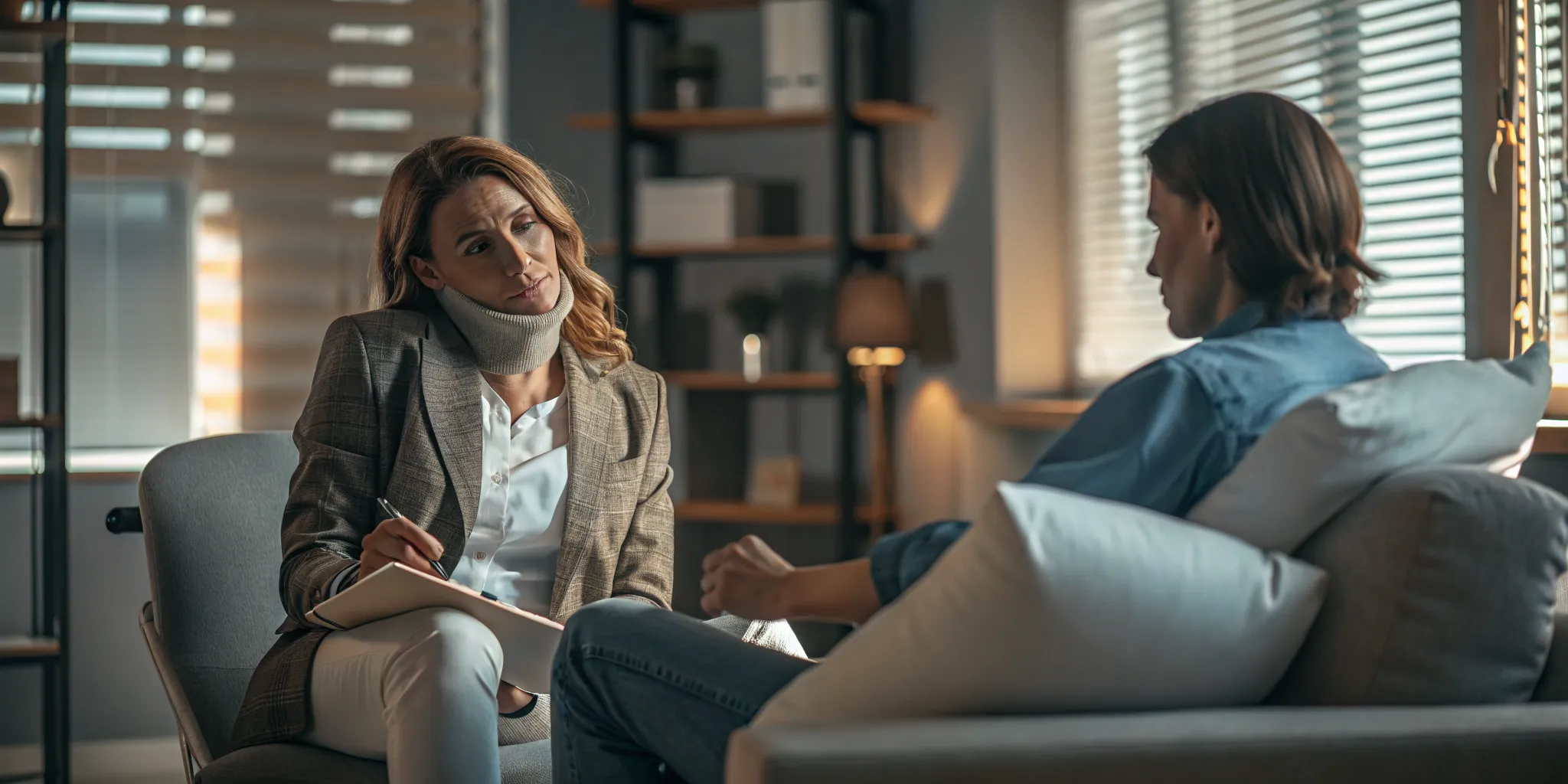 An Ontario benefits advisor speaking with an injured worker in a bright and supportive office consultation