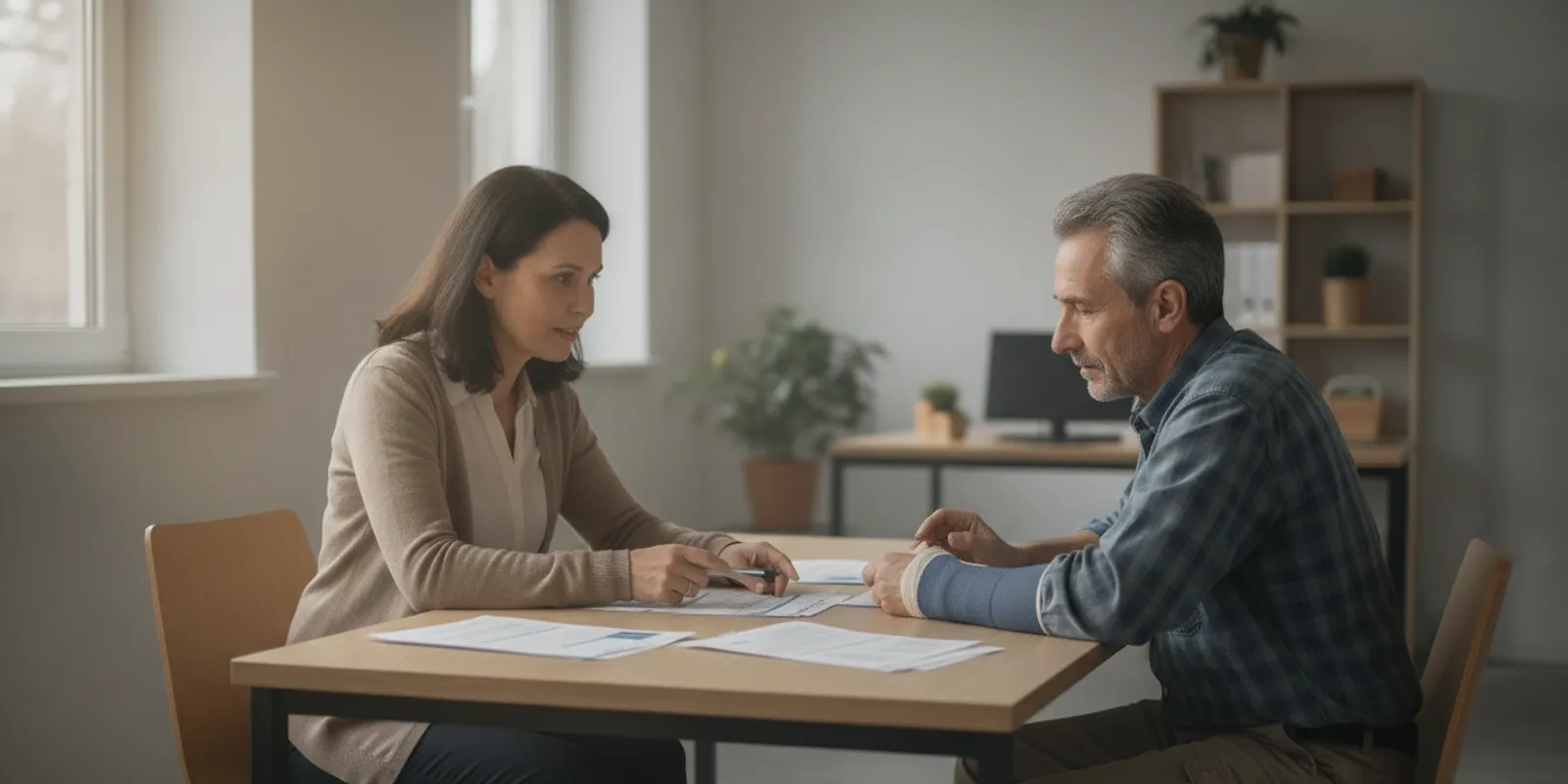 Union representative and injured worker reviewing a return-to-work plan at a workplace table