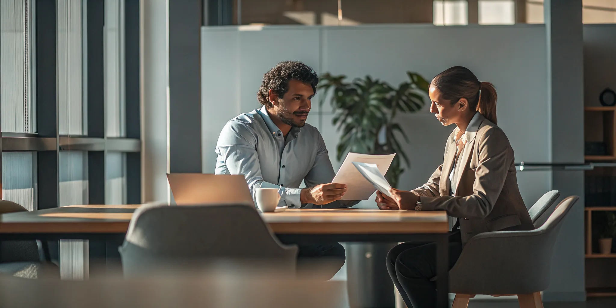 Ontario professional reviewing workplace safety documents with an employee in a modern office setting