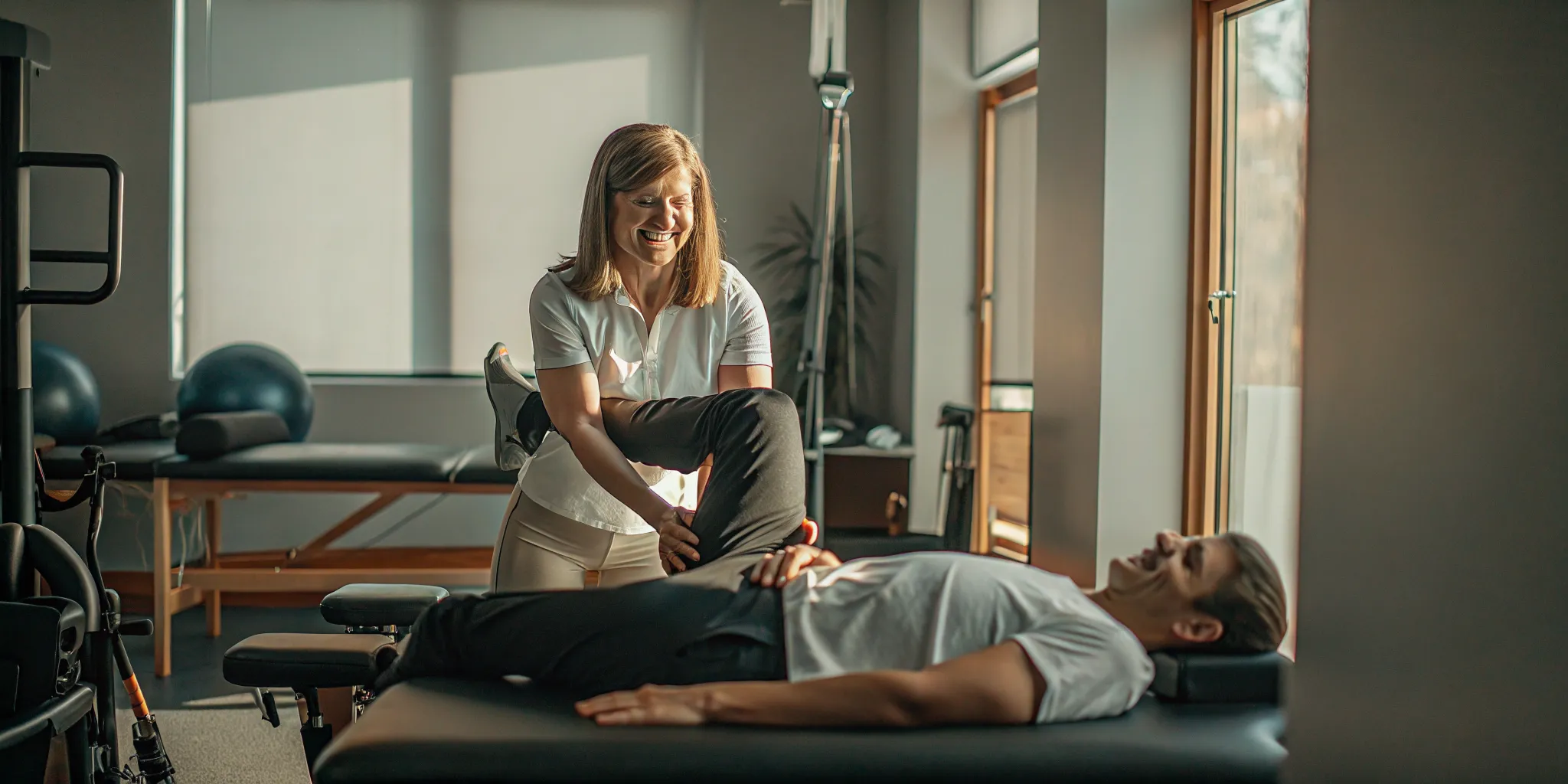Injured Ontario worker in physiotherapy rehabilitation session with a physiotherapist