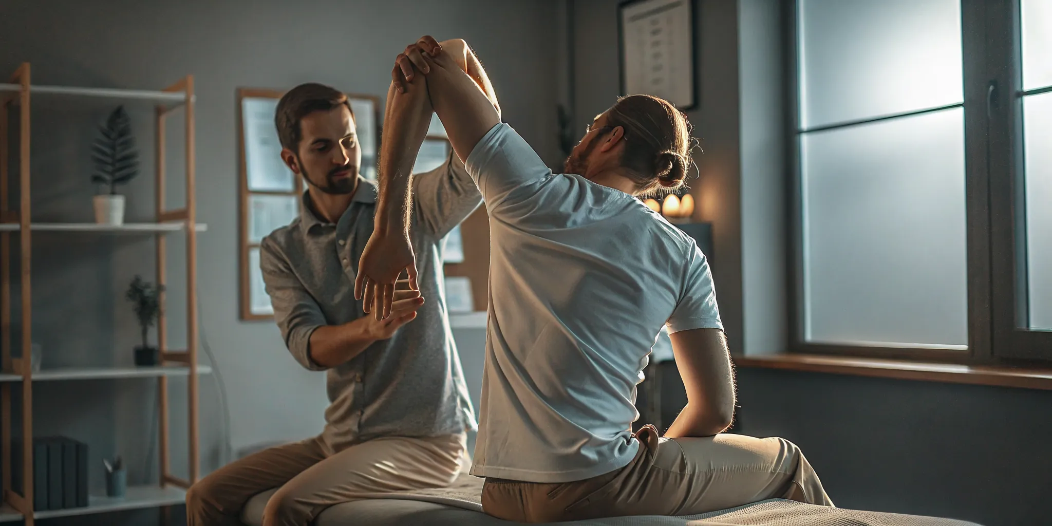 Ontario physiotherapist guiding an injured worker through a rehabilitation exercise in a modern clinic