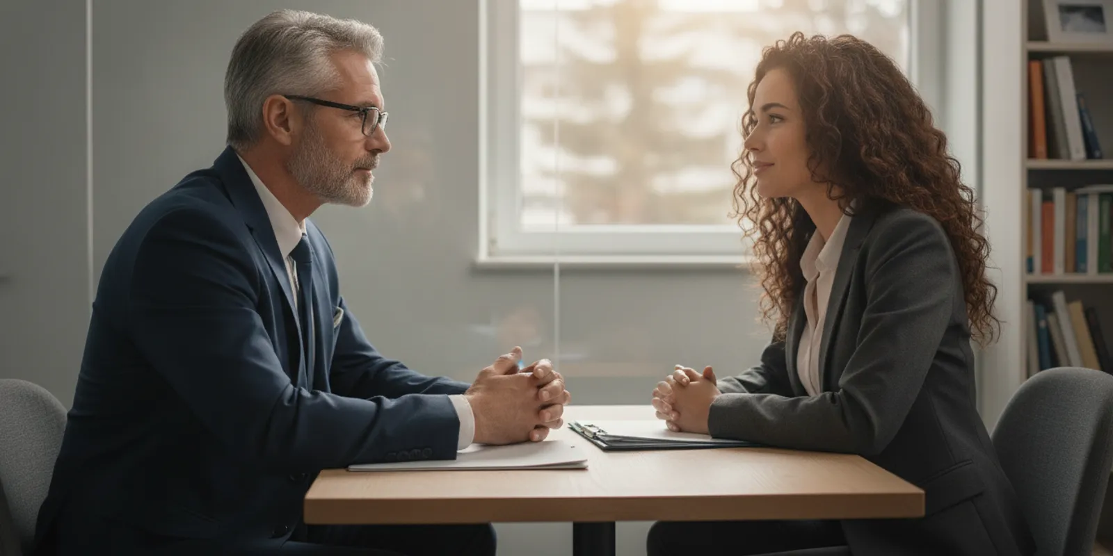 Union steward speaking privately with a worker in a quiet meeting room