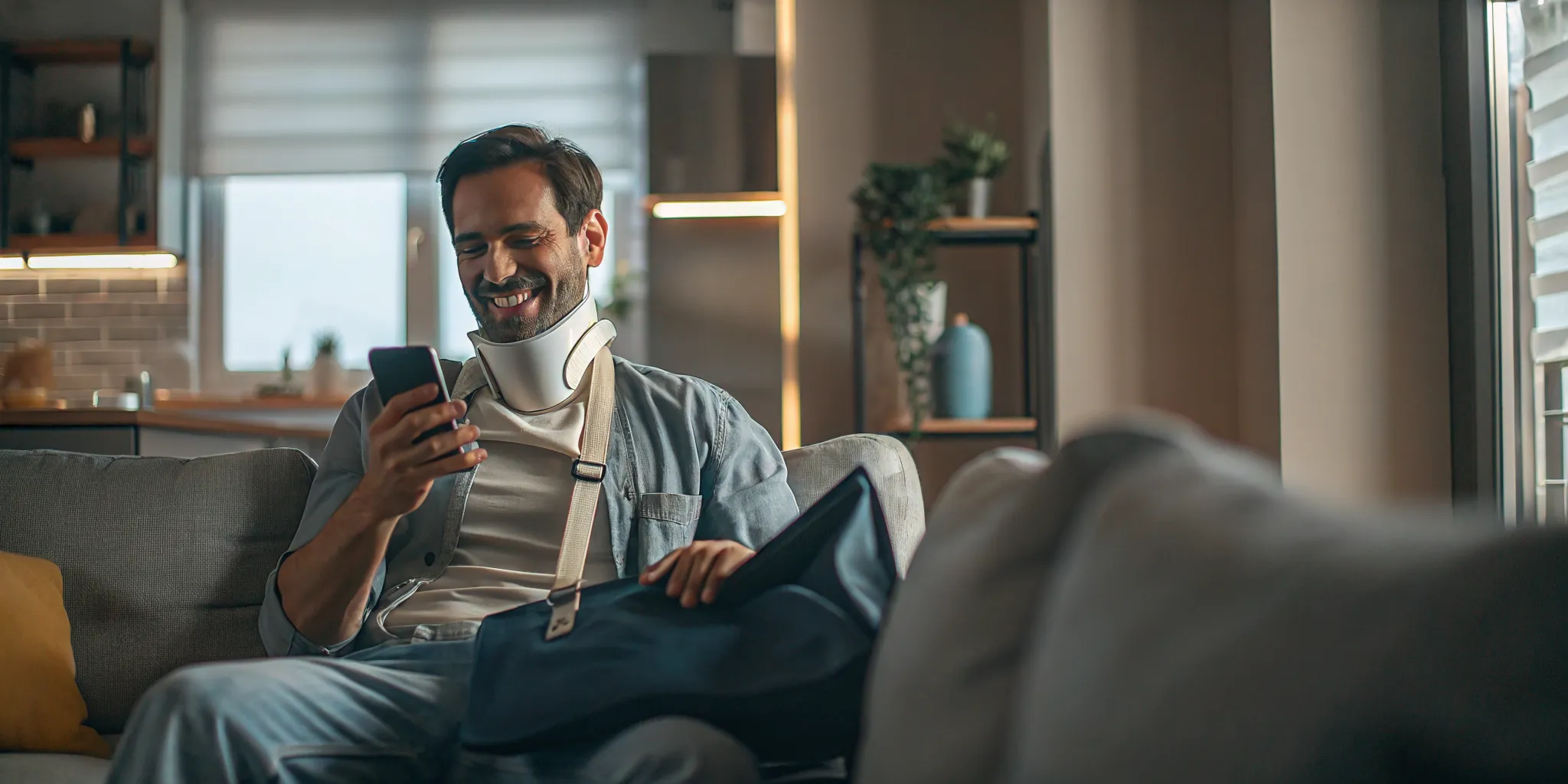 Injured worker checking phone for WSIB direct deposit notification