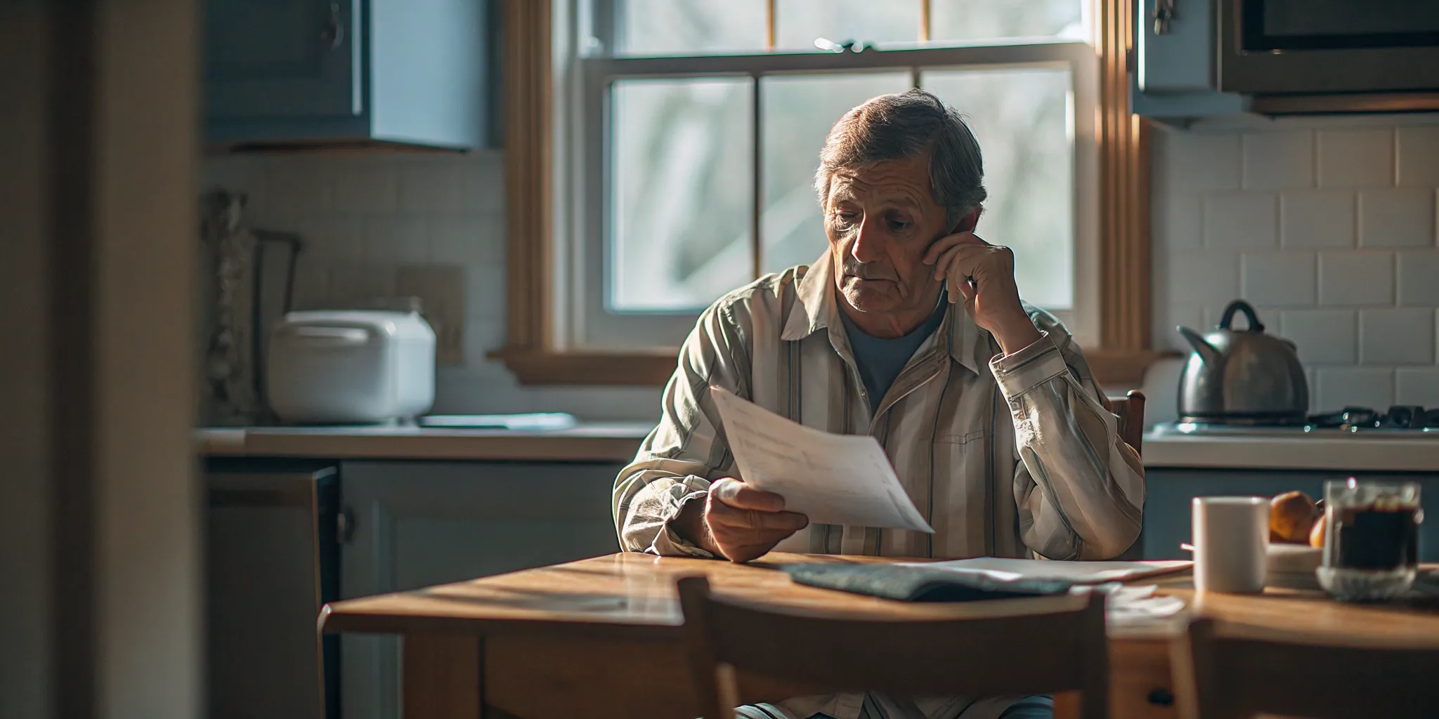 Ontario worker reviewing WSIB documents at a kitchen table near retirement age