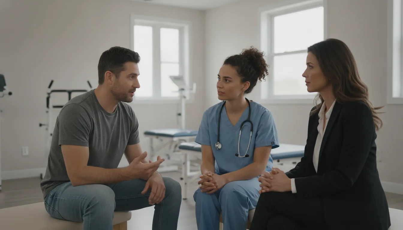 Ontario worker discussing a WSIB return-to-work plan with a physiotherapist