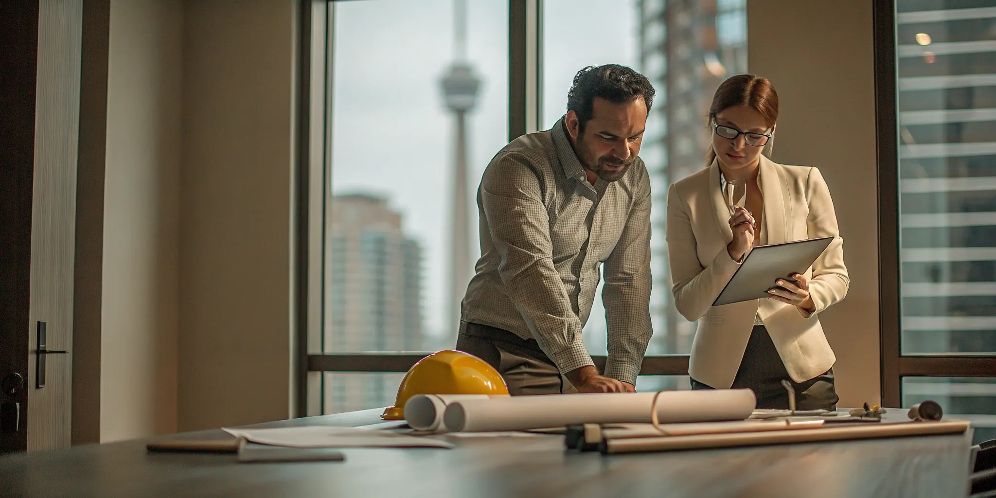 Two professionals discussing the WSIB appeal process with documents in an Ontario office.