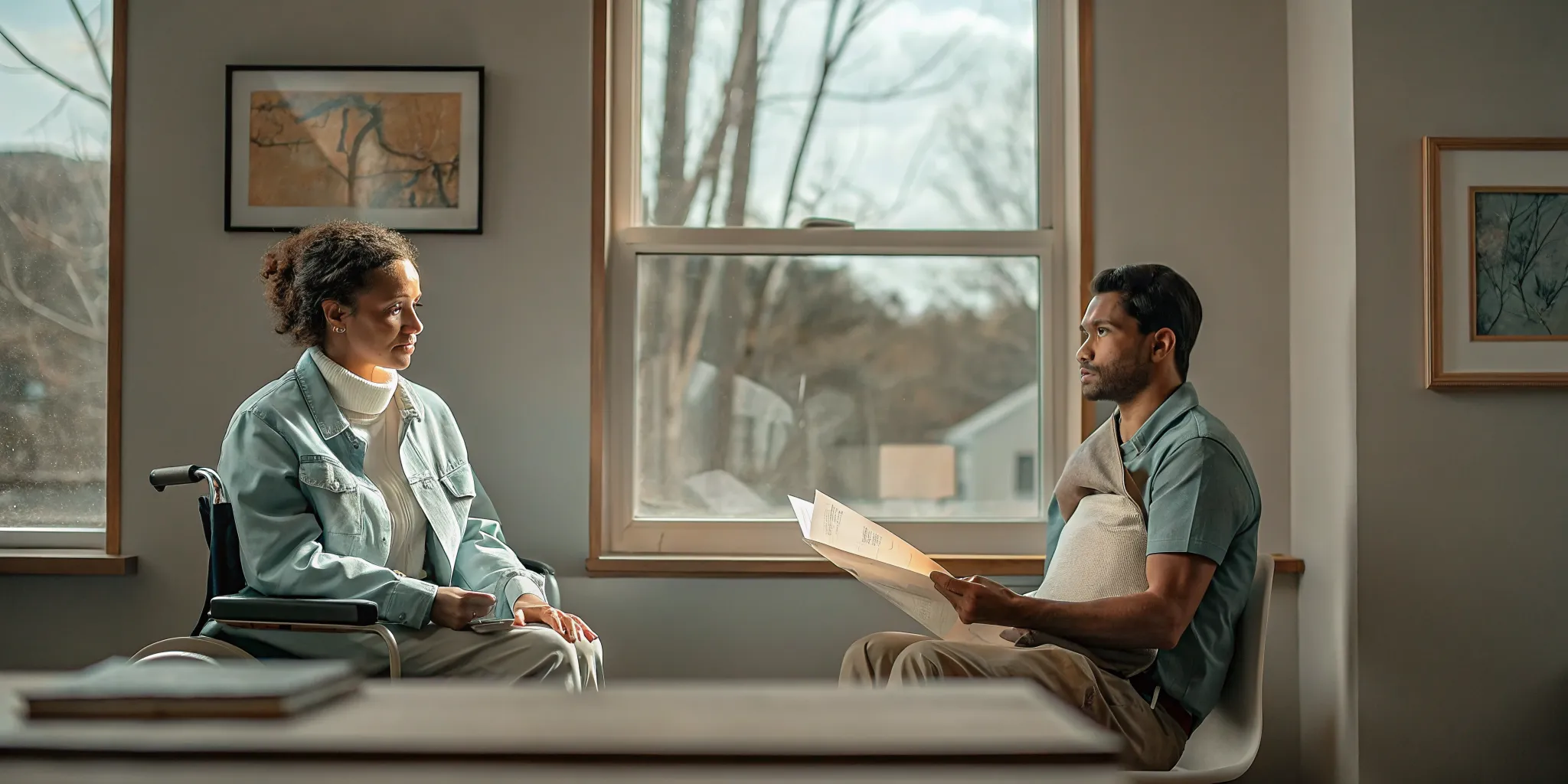 Injured Ontario worker reviewing a denied WSIB claim and medical records