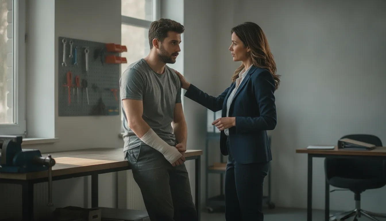 Injured worker speaking with a supervisor in a bright workplace after reporting a workplace injury