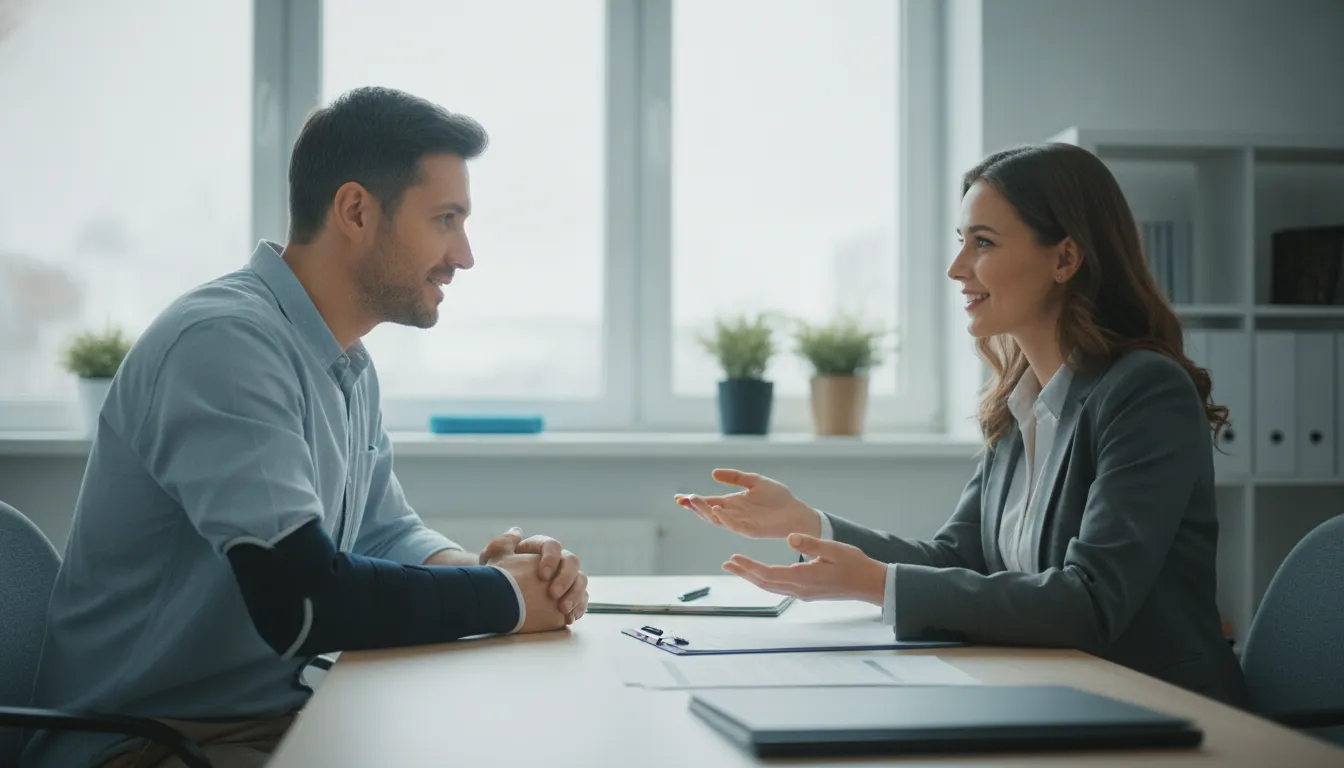 Injured worker meeting with a rehabilitation specialist to discuss return to work planning in Ontario