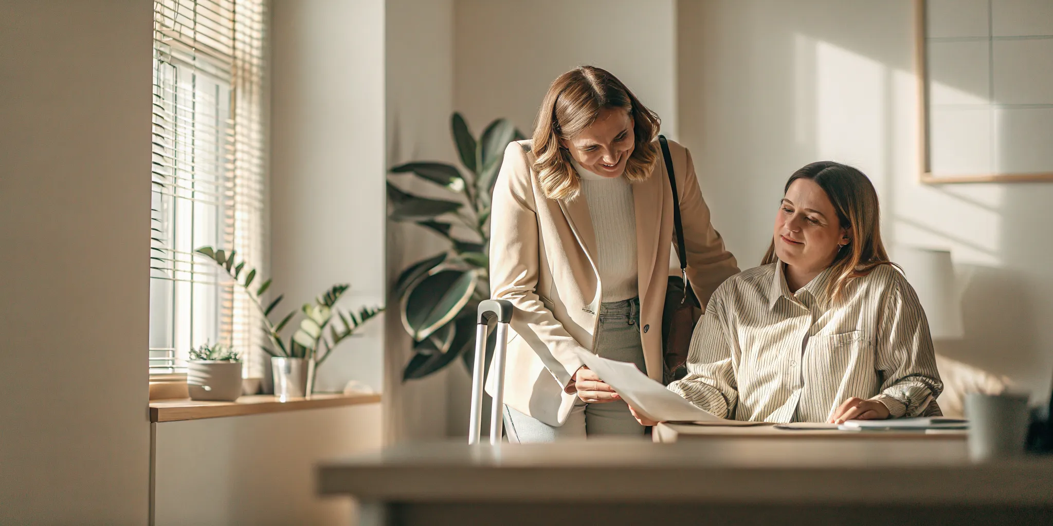 An injured worker being guided through workplace injury claim paperwork by a supportive WSIB specialist in a calm Ontario office