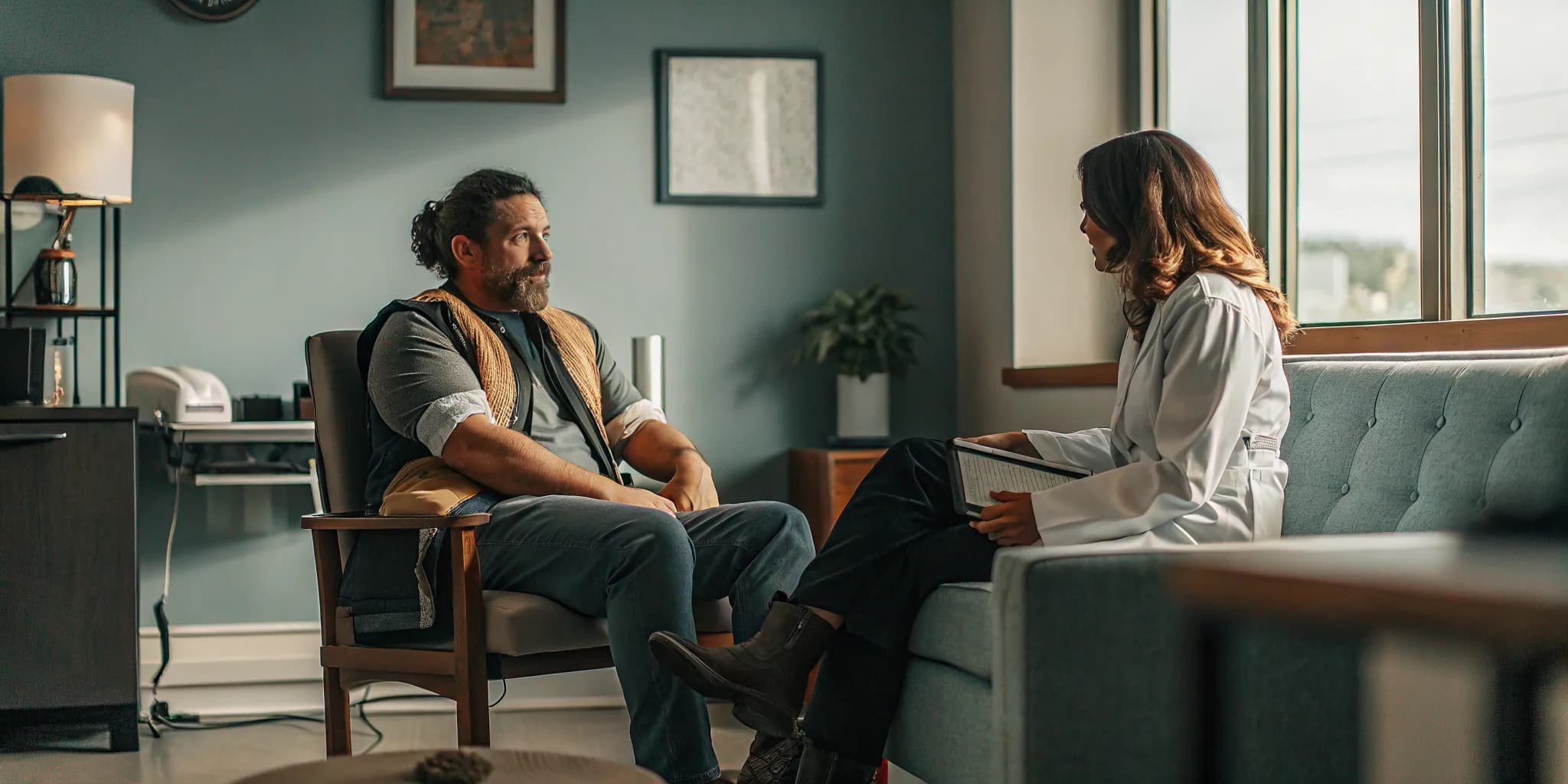 Injured Ontario worker speaking with a healthcare provider about WSIB Form 8