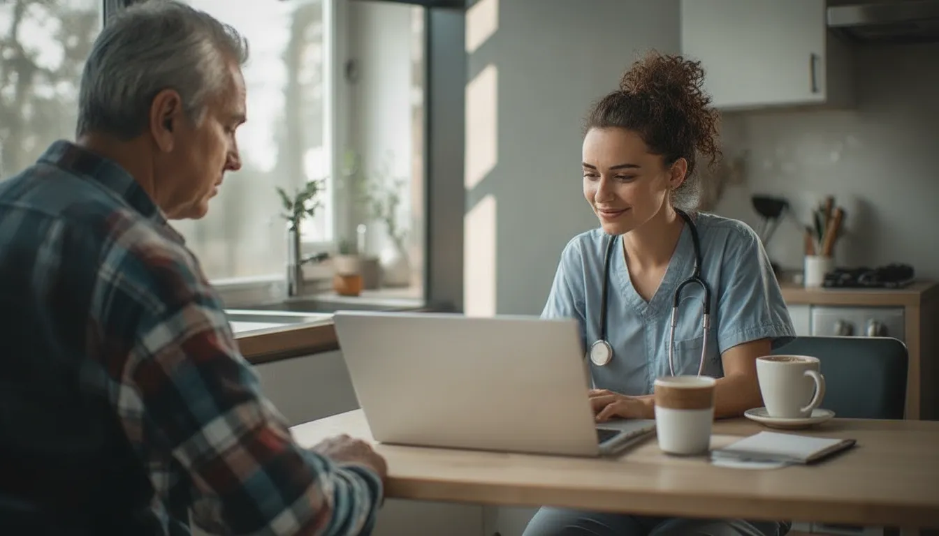 A doctor in a bright clinic reviewing medical notes with an injured worker after a workplace injury