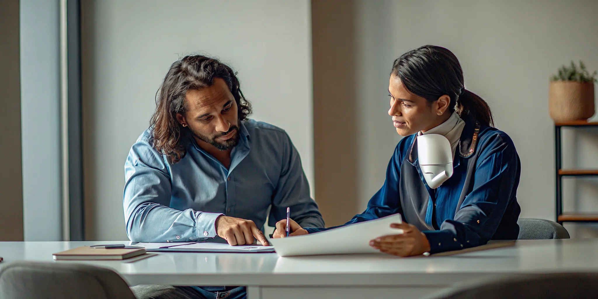 Supportive WSIB specialist guiding an injured Ontario worker through claim paperwork
