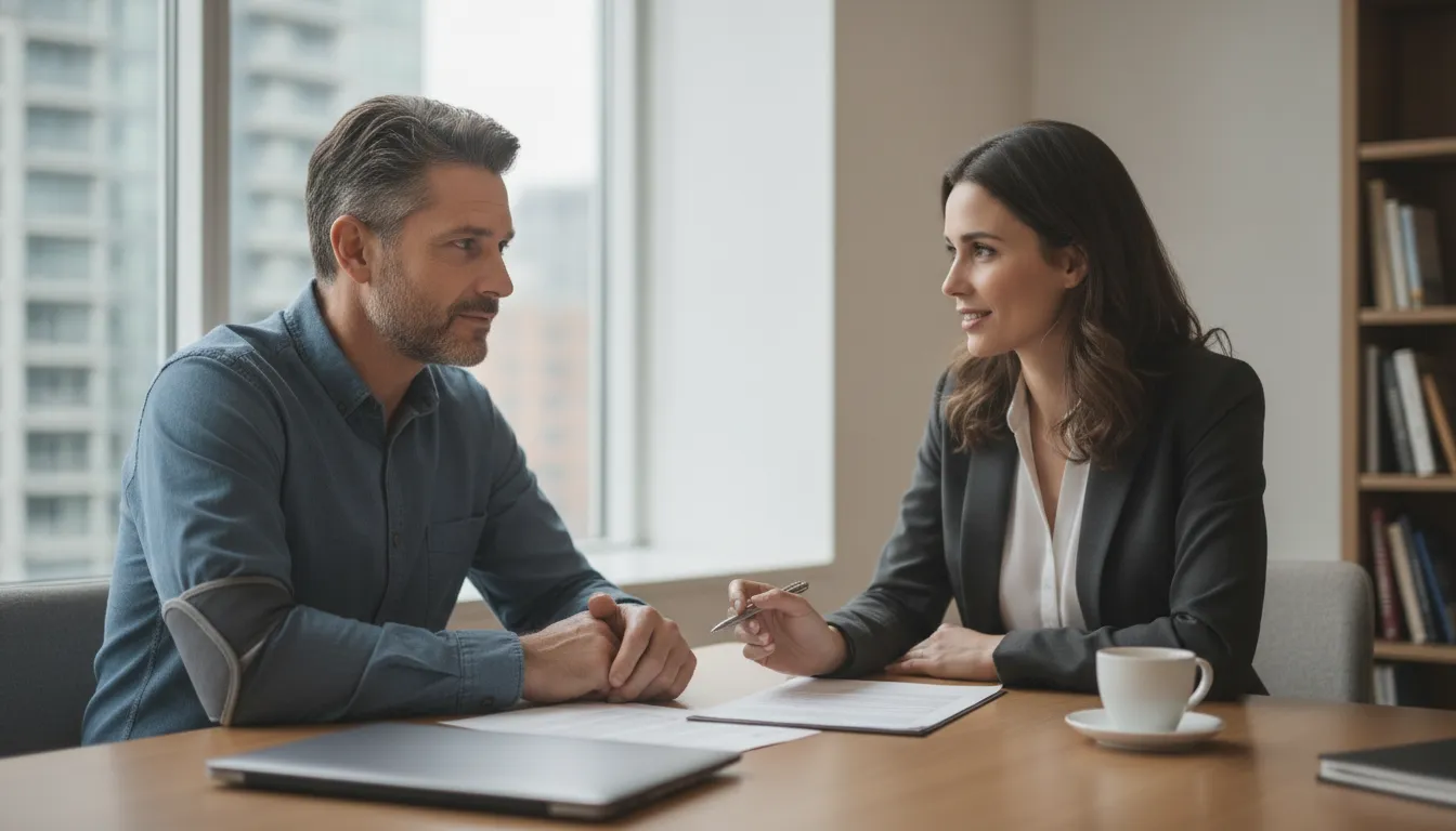 A workplace accident victim consulting with a supportive legal representative in a bright Mississauga office