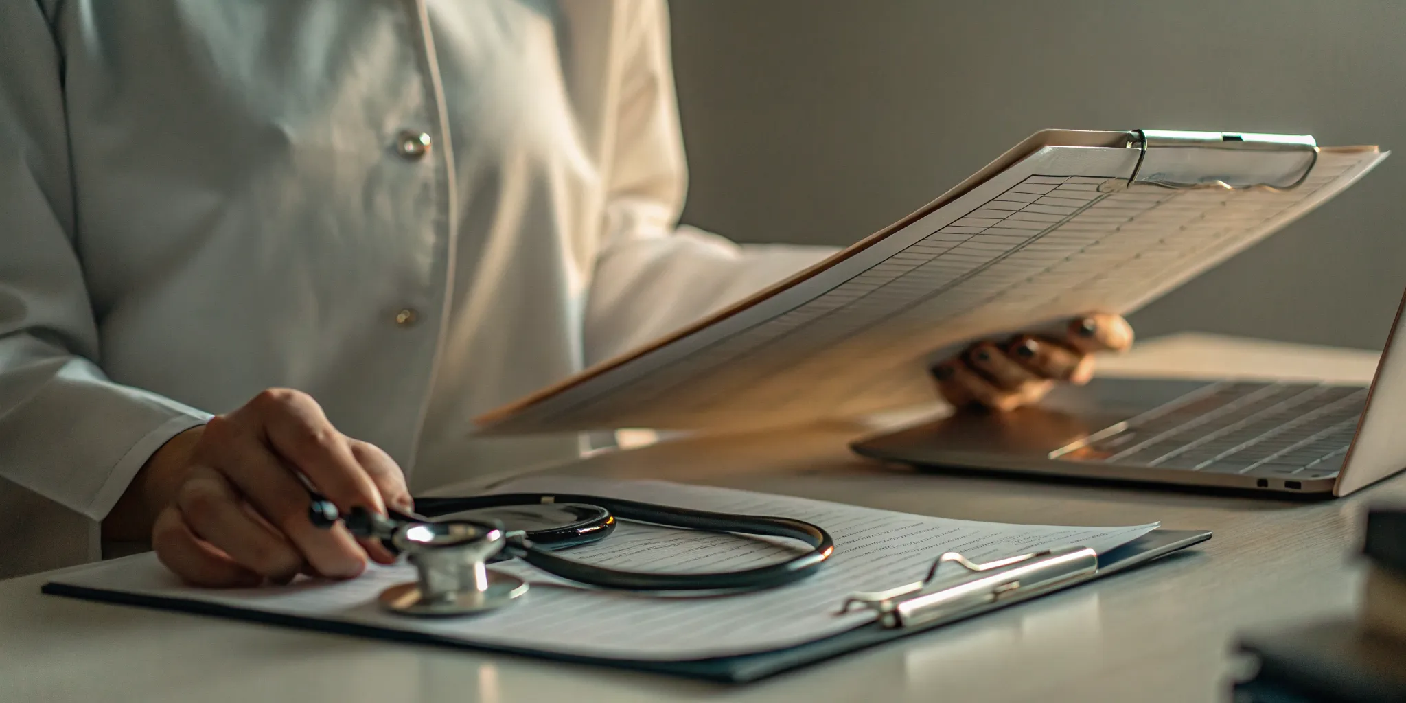 A professional legal office desk with clinical documents, a WSIB medical evidence checklist, and a stethoscope.