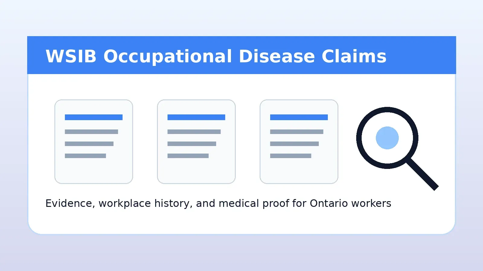 Documents and magnifying glass representing a WSIB occupational disease claim in Ontario