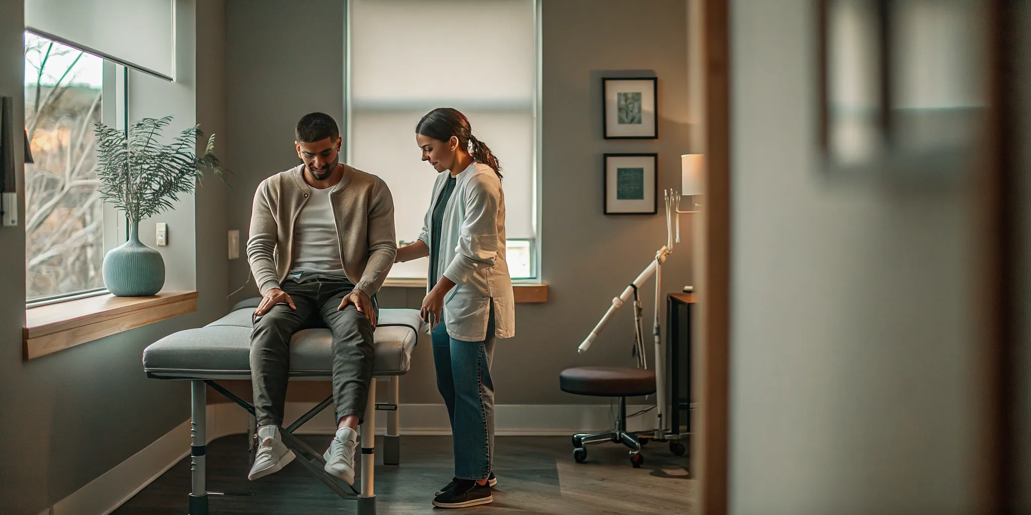 Injured worker meeting with a physiotherapist in a modern Ontario clinic