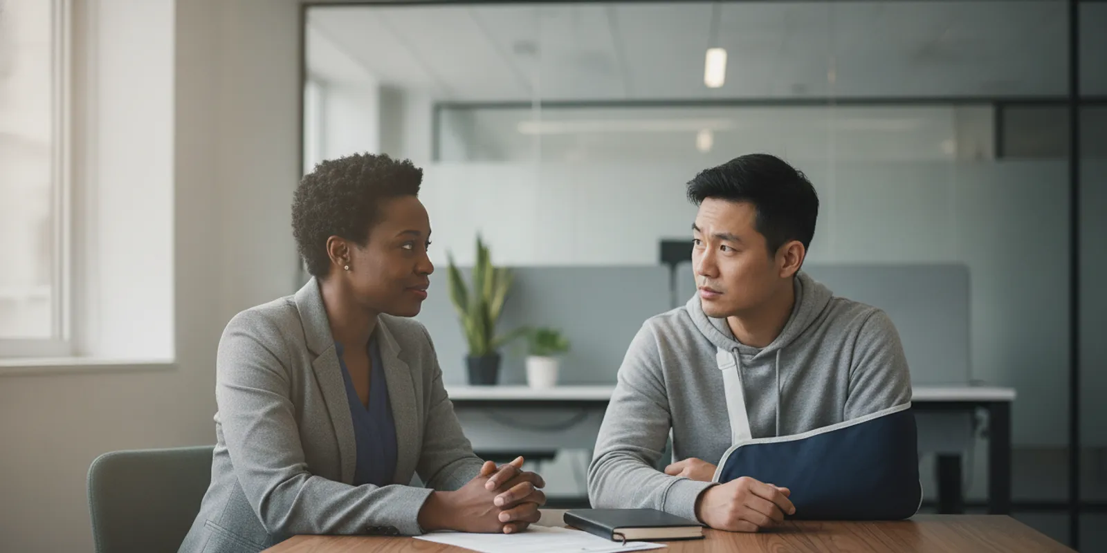 Union steward speaking with a worker at a quiet workplace meeting table