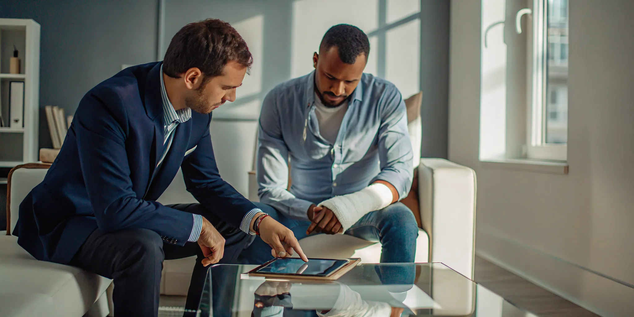 An advisor explains the WSIB NEL assessment process to an injured worker with an arm cast.
